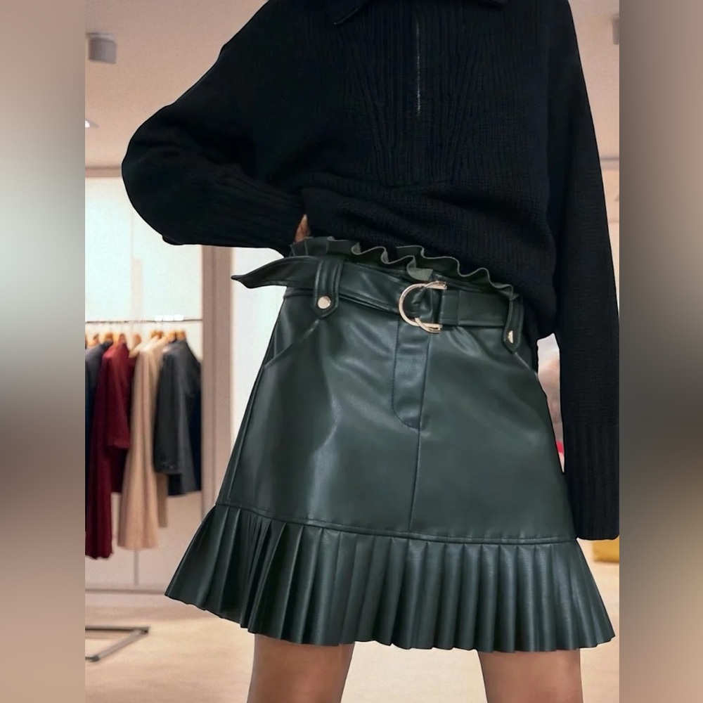 Zara Dark Green Faux Leather Pleated A-Line Skirt